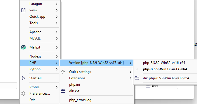 Cara cek dan ganti versi php di laragon