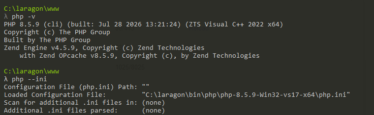 GAMBAR TUTORIAL 5: Tampilan terminal Laragon dengan perintah php -v yang menampilkan versi terbaru